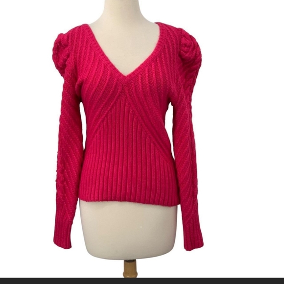 NWT White House Black MarketV-Neck Puff Sleeve Cable Pullover Sweater - Picture 5 of 6